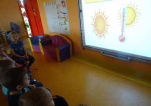 Grupa dzieci ogląda prezentację o tym, czego rośliny potrzebują do życia.